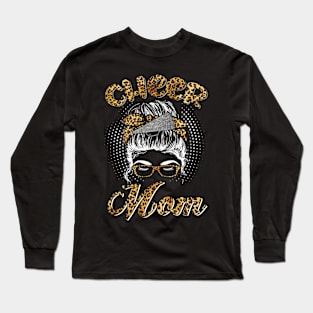 Cheer Mom Messy Hair Bun Leopard Shirt Funny Cheer Mom Shirts For Women Mothers Day Long Sleeve T-Shirt